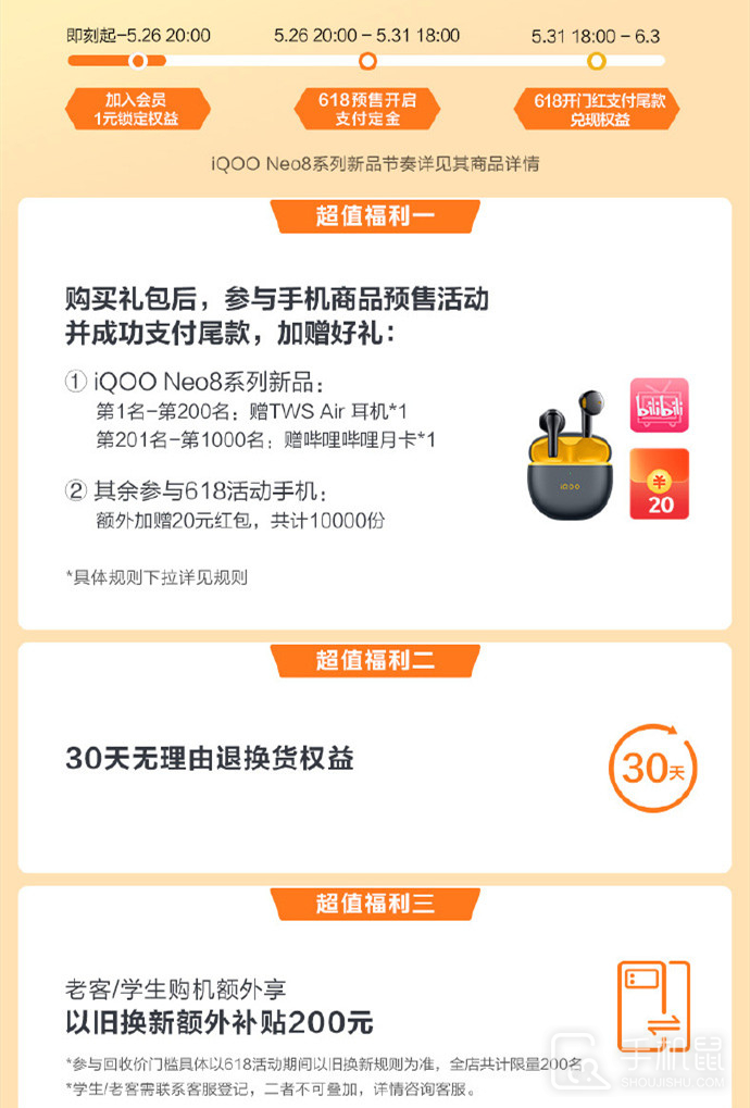 iQOO Neo8系列手机活动：1元预定618超值礼包